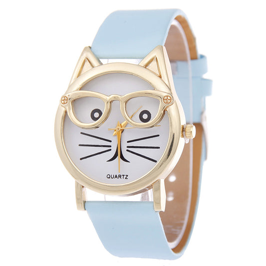 Cartoon Watch With Glasses Cat Student Belt Watch Women's Quartz Watch Gift Watch
