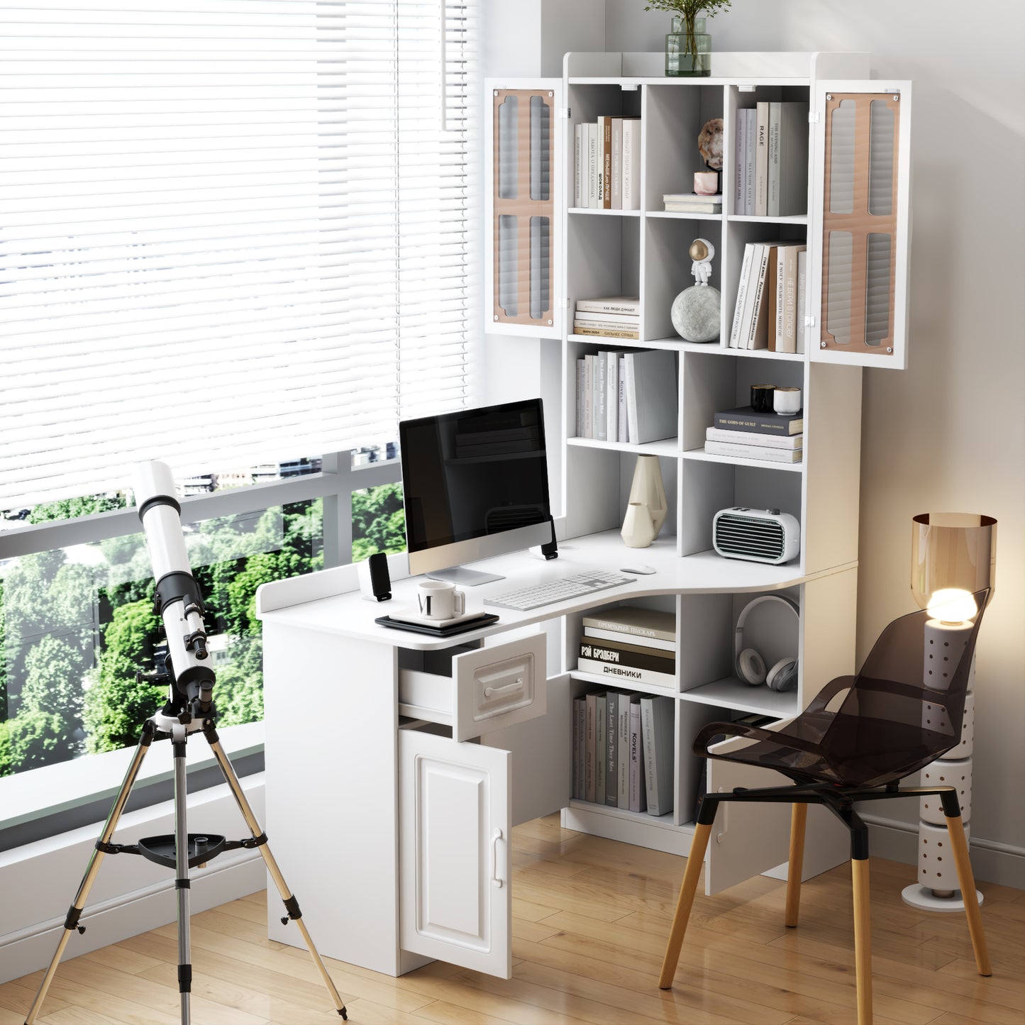 L-Shaped Corner Computer Desk  For Home Office Or Study Desk, Study Modern Style Table With Drawers, Bookshelf & Hutch, 2-in-1 L-Shaped Design, Large Working Space,white