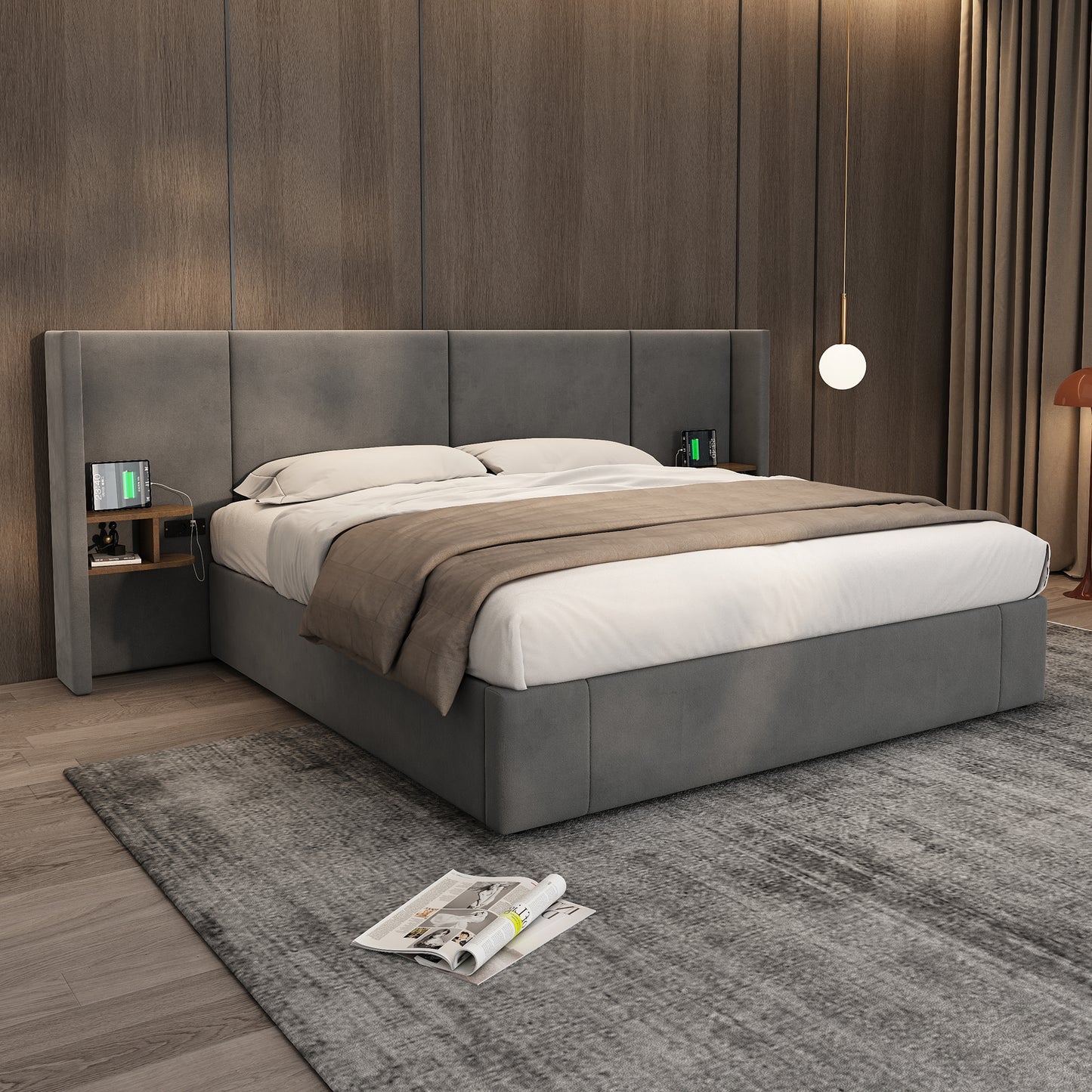 Upholstered Bed, Super King Size Bed-6ft180x200cm,Velvet Ottoman Lift Up Super King Size Bed Frame, Hydraulic Wide-ear Bed With USB Connection, With Sockets, With Two Bedside Tables,No Mattre,grey