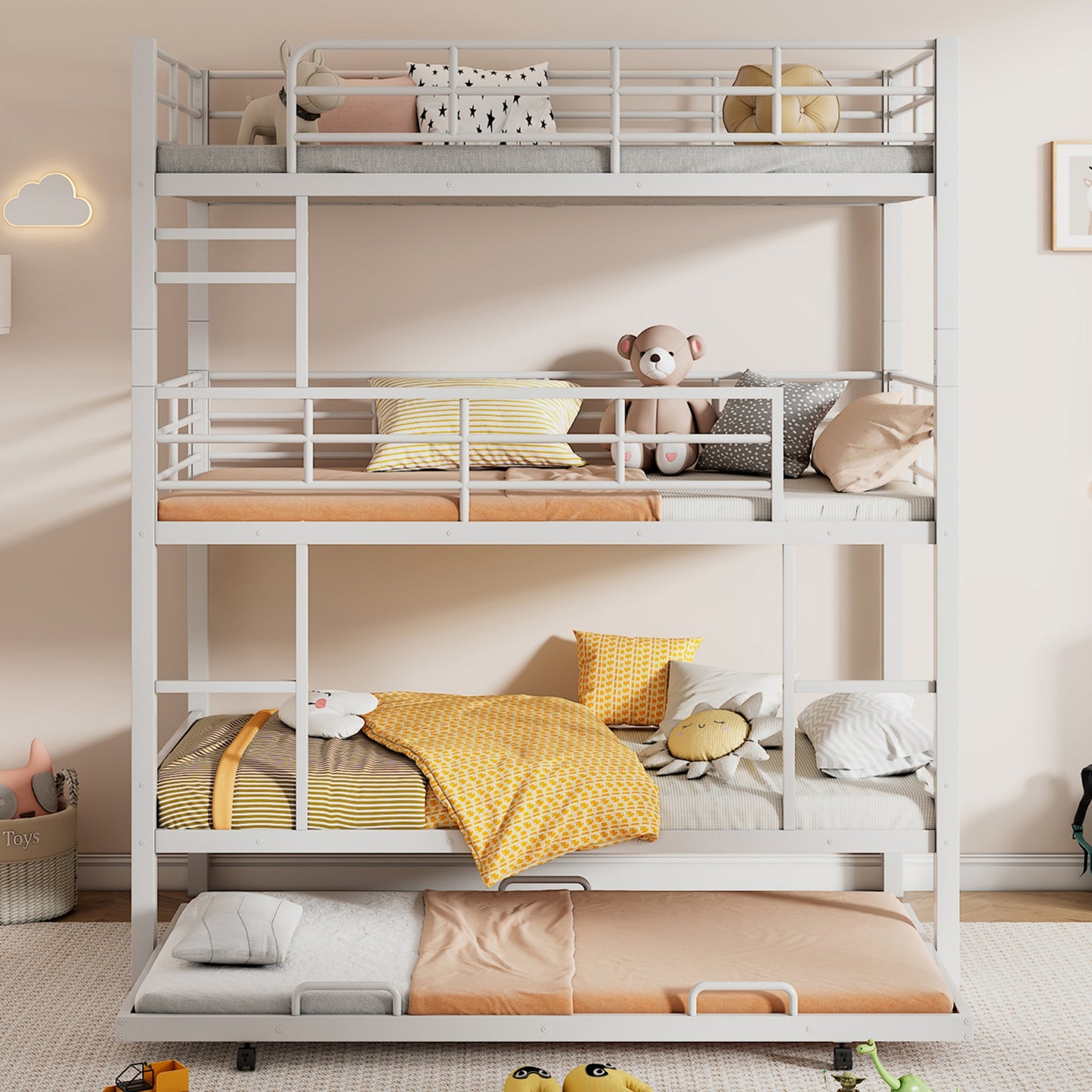 Metal Twin Size Triple Bunk Bed With Trundle, White