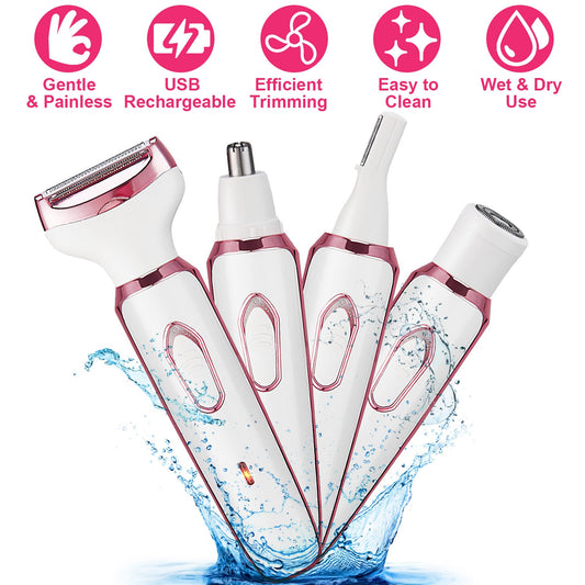 1Pc 4 In 1 Electric Razor For Women Painless Grooming Kit Rechargeable Eyebrow Nose Hair Pubic Hair Bikini Trimmer Face Shaver