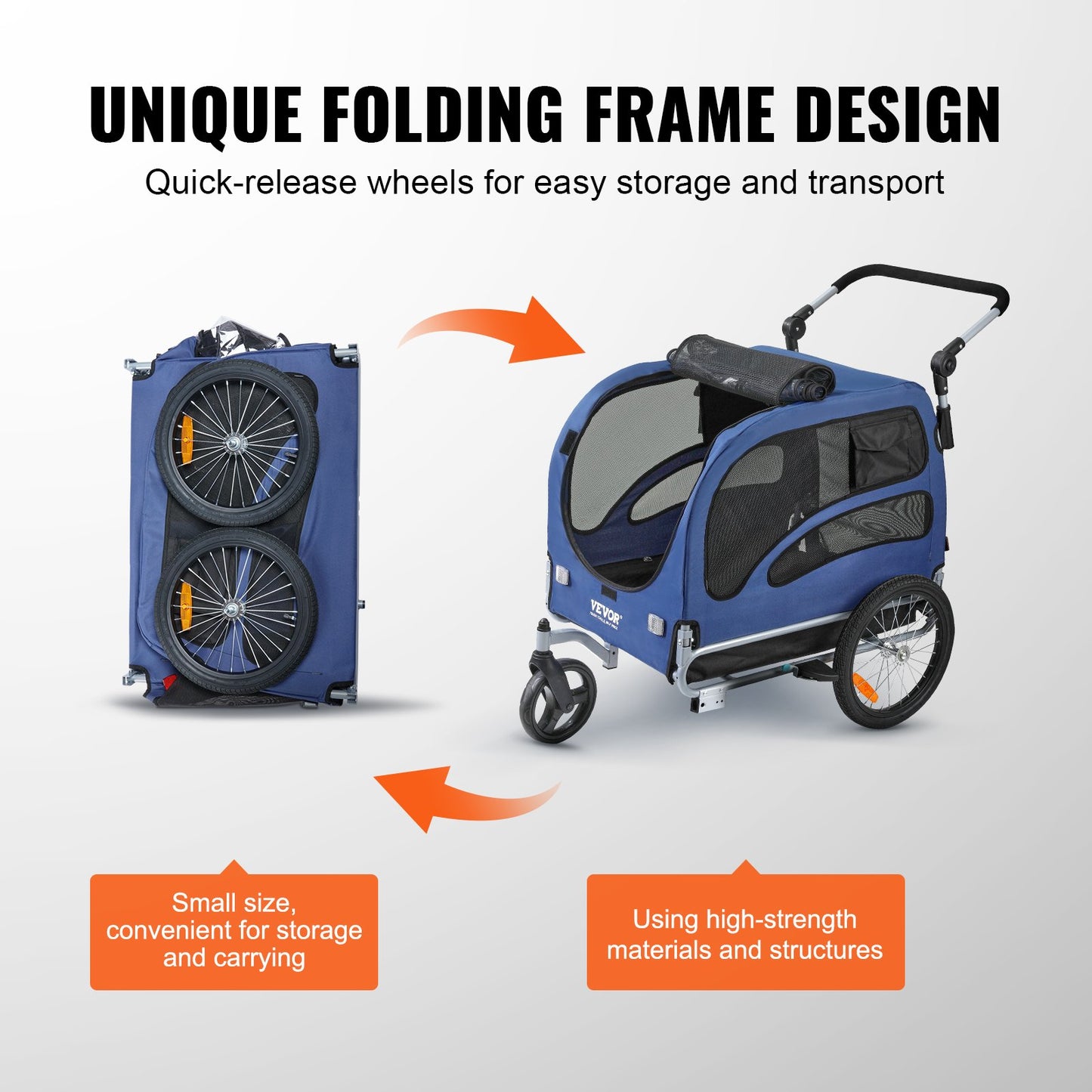 2-in-1 Pet Stroller Cart Bicycle Carrier, Easy Folding Cart Frame With Quick Release Wheels, Universal Bicycle Coupler, Reflectors, Flag, Blue Black
