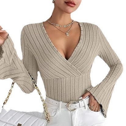 Women's Autumn And Winter Rib Sunken Stripe V-neck Flared Slim-fit Long Sleeve T-shirt Elegant Women's Top