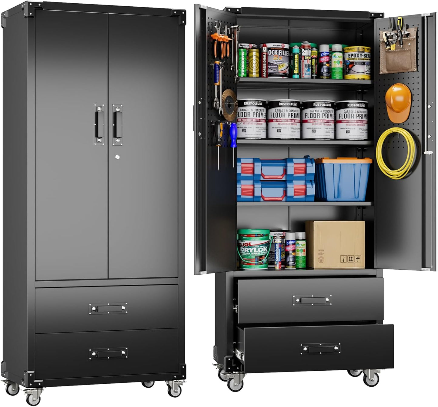 Rolling Storage Cabinet With 2 Doors And 2 Drawers, Metal Storage Cabinet With Doors And Shelves, Locking Steel Cabinet For Warehouse, Home, Office Black
