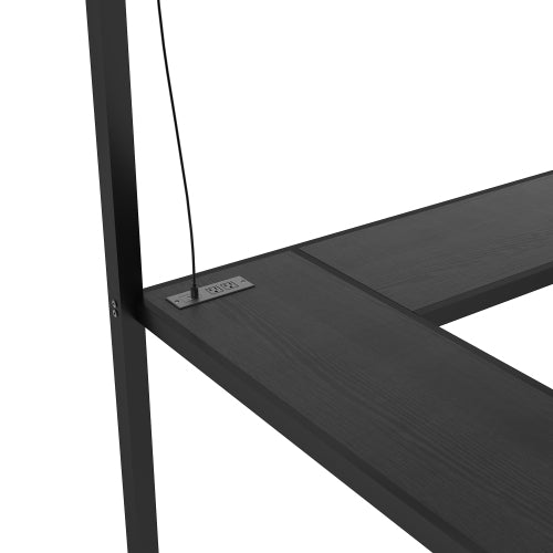 Twin XL Size Loft Bed With L-shaped Desk And USB, Metal Loft Bed With Wardrobe And Adjustable Shelf, High Loft Bed With LED For Kids Teens Adults, Black