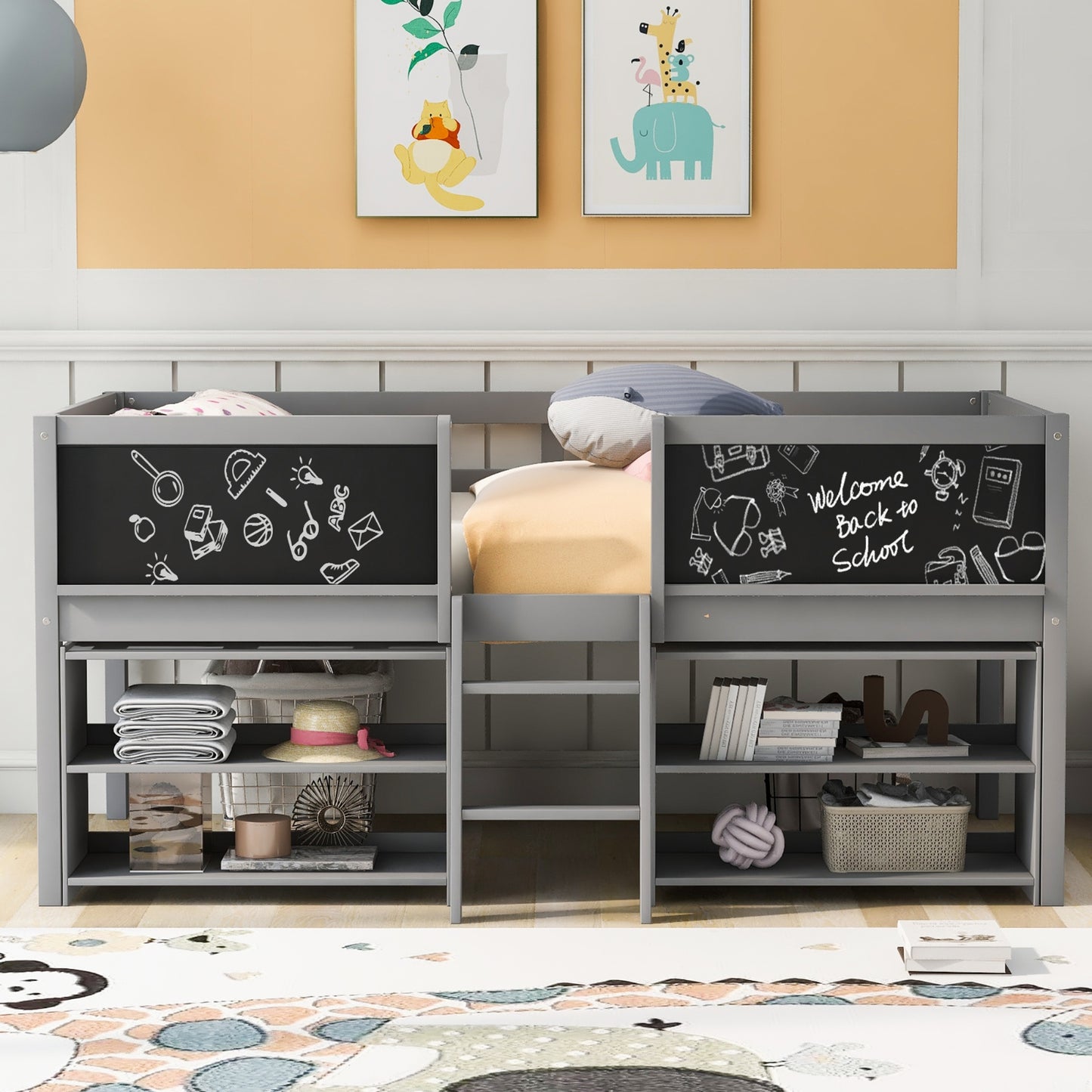 Twin Size Low Loft Bed With Movable Shelves, Ladder & Guardrail Chalkboard, Gray