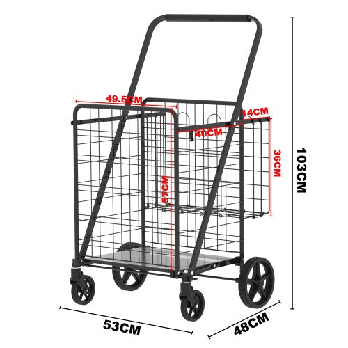 Large Shopping Cart,Grocery Cart On Wheels, Foldable Utility Shopping Carts With Double Basket And 360  Rolling Swivel Wheels For Groceries Laundry