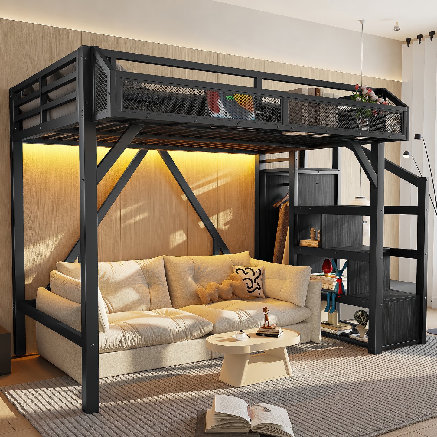 Twin Loft Bed With Storage Stairs, Shelves And Built-in Wardrobe, Metal Loft Bed Frame With USB Ports And LED Lights, Noise-reduced Design, Black