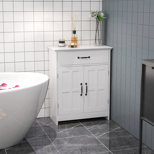 Bathroom Storage Cabinet, Modern Bathroom Cabinet with 2 Doors, Storage Drawer & Adjustable Shelf, White