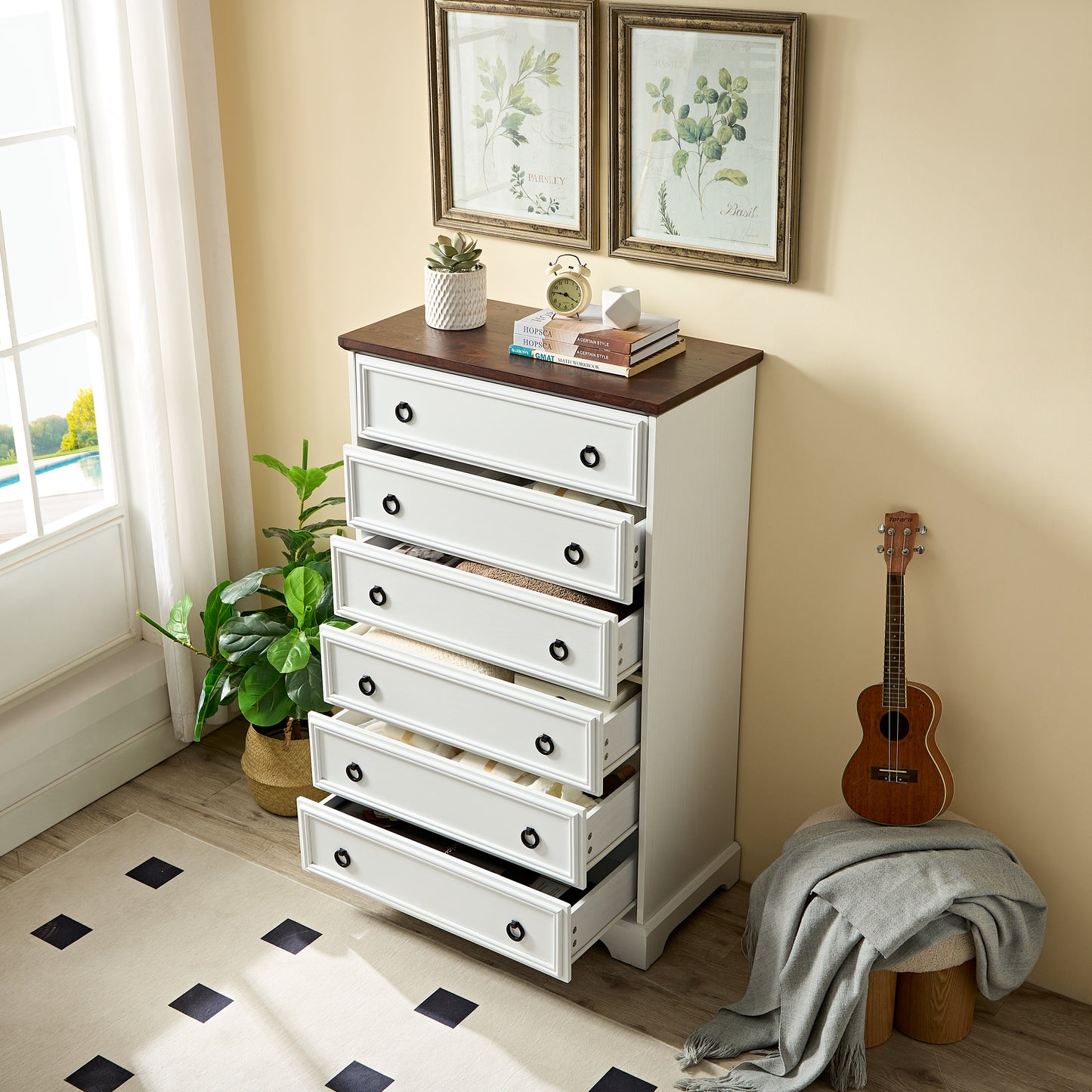 Modern 6 Drawer Dresser, Dressers For Bedroom, Tall Chest Of Drawers Closet Organizers & Storage Clothes - Easy Pull Handle, Textured Borders Living Room, Hallway,L 29.53xW15.75xH48.03 White