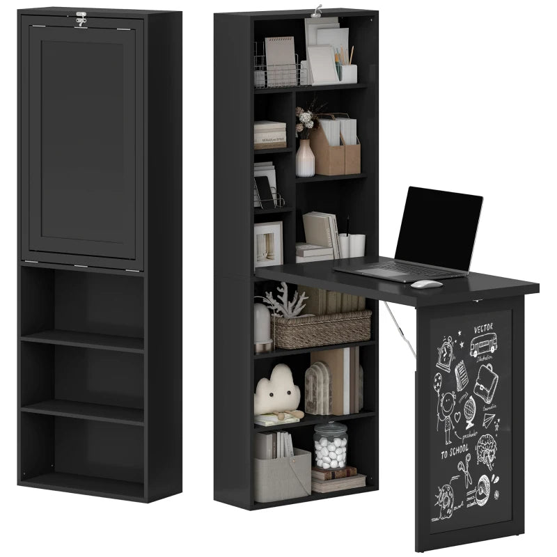 Old-out Convertible Home Office Desk, Wall Mount Computer Desk With Blackboard And Side Shelf, Black