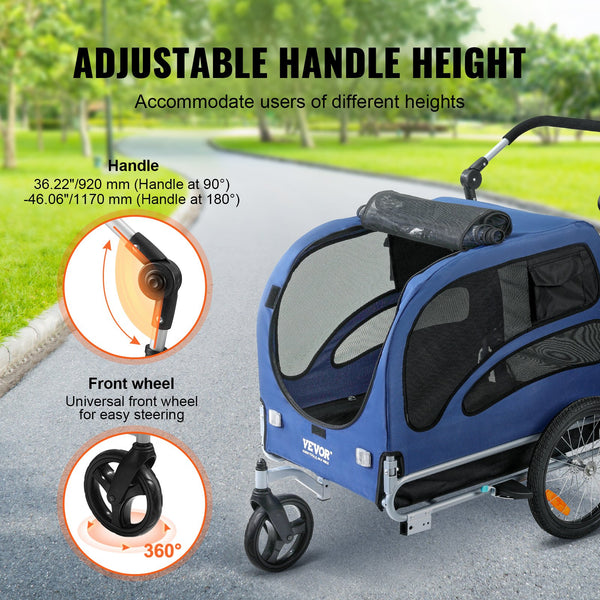2-in-1 Pet Stroller Cart Bicycle Carrier, Easy Folding Cart Frame With Quick Release Wheels, Universal Bicycle Coupler, Reflectors, Flag, Blue Black