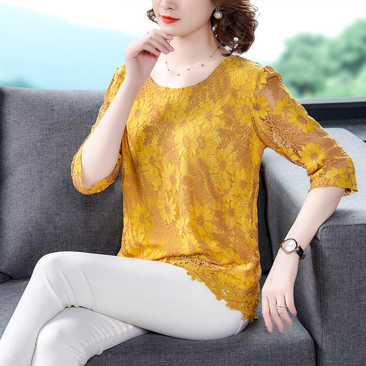 Women's Large Size Loose Mid-length Lace Shirt