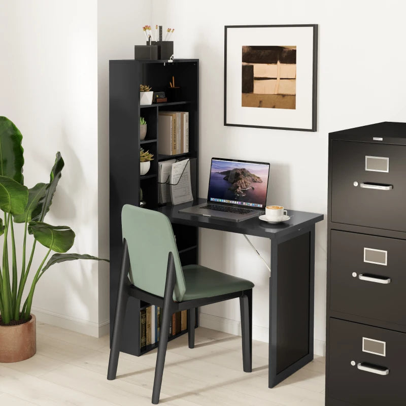 Old-out Convertible Home Office Desk, Wall Mount Computer Desk With Blackboard And Side Shelf, Black