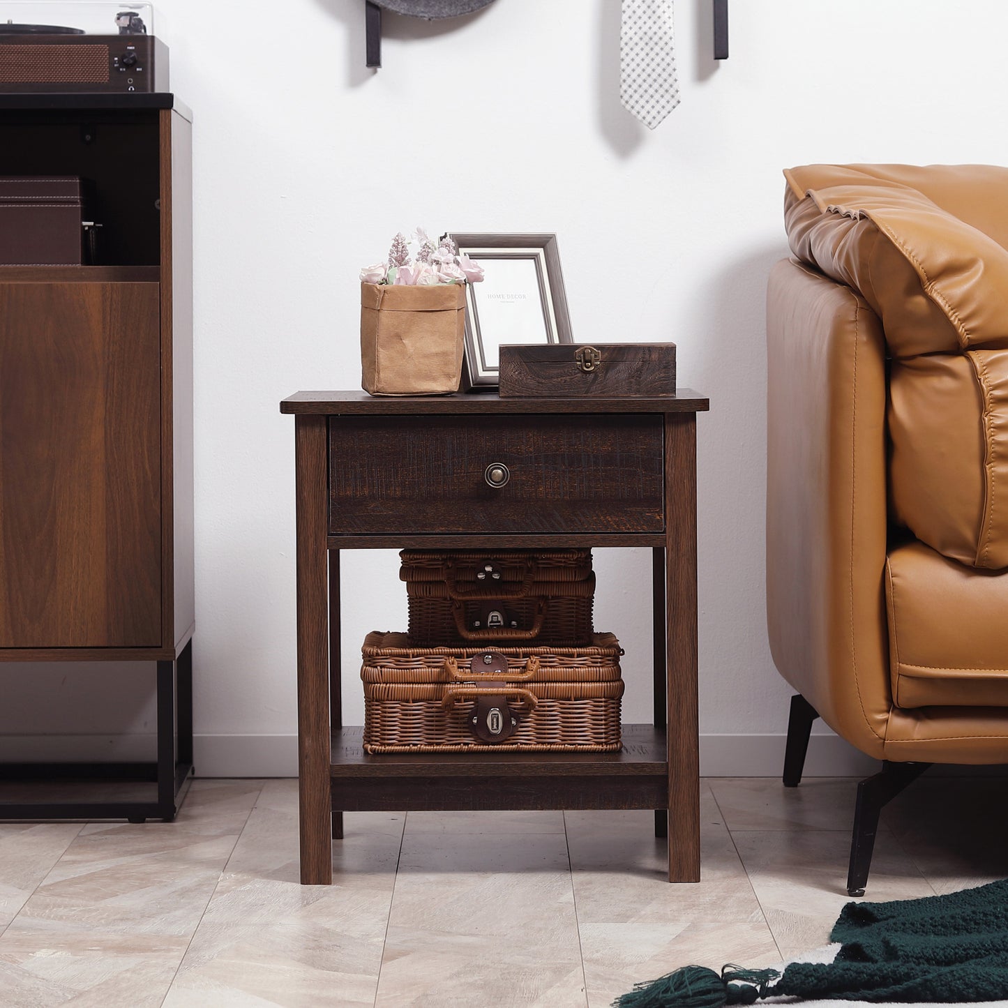 Dark Brown Nightstand With Drawer And Shelves Compact Design For Small Spaces Bedroom Furniture