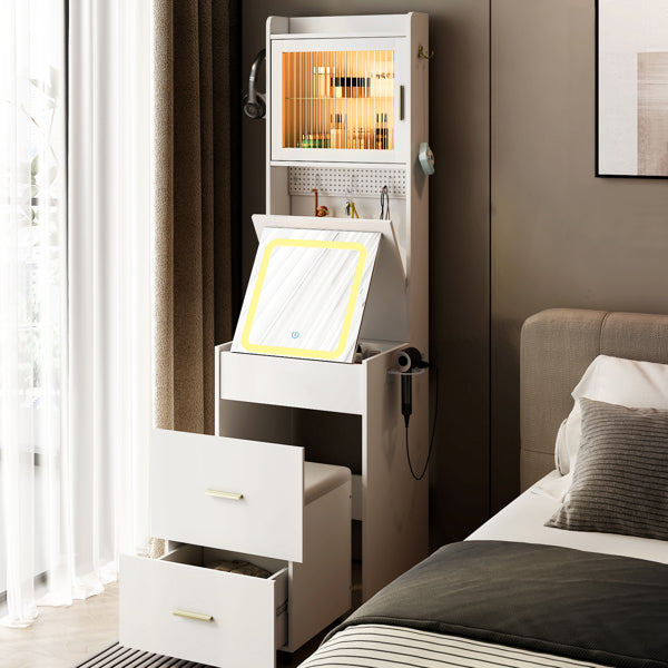 White Hemp Faced Particleboard With Triamine 2 Pull 1 Door 1 Flip LED 3 Tone Light Touch Mirror Dressing Table Set
