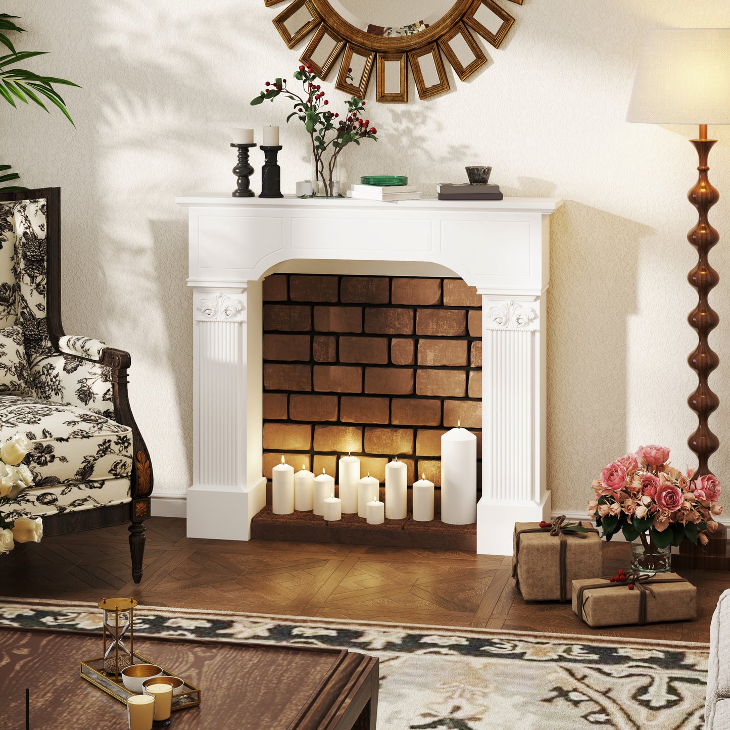 Baroque Fireplace Mantle, Freestanding Fireplace Surround for Electric Fireplaces, 43.3" W x 42.8" H, White