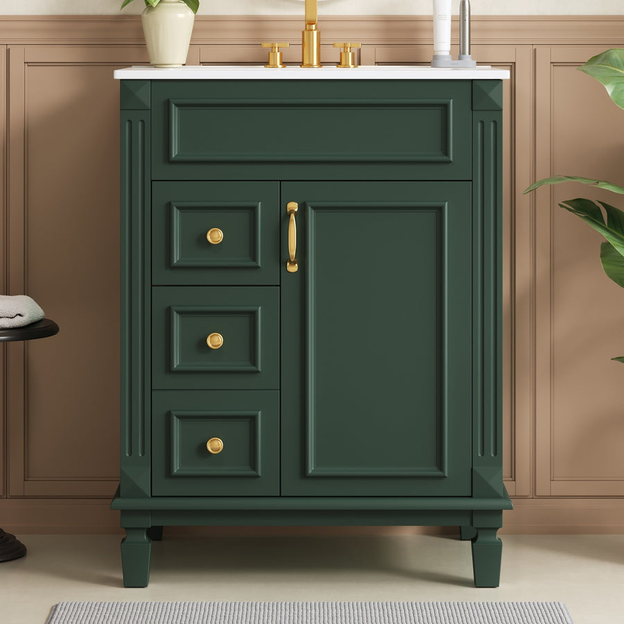 24   Bathroom Vanity With Ceramic Sink, Small Bathroom Sink Cabinet, Modern Cabinet With 2 Drawers And Adjustable Shelf