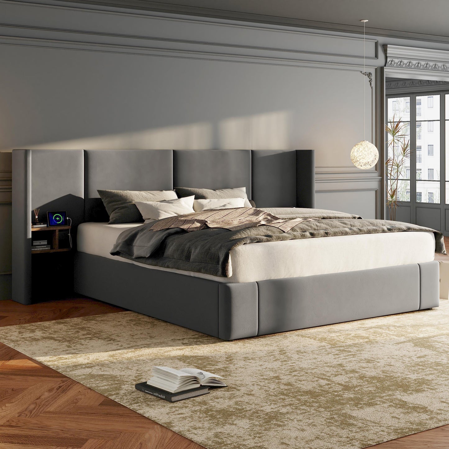 Upholstered Bed, Super King Size Bed-6ft180x200cm,Velvet Ottoman Lift Up Super King Size Bed Frame, Hydraulic Wide-ear Bed With USB Connection, With Sockets, With Two Bedside Tables,No Mattre,grey