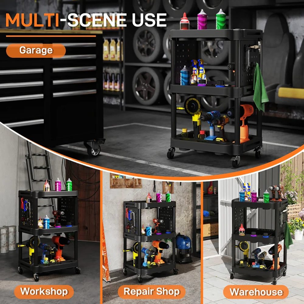 3-Tier Rolling Tool Cart, 200 LBS Capacity Plastic Utility Cart With Side Shelves For Garage, Workshop, Tikt0k Sale Prohibited